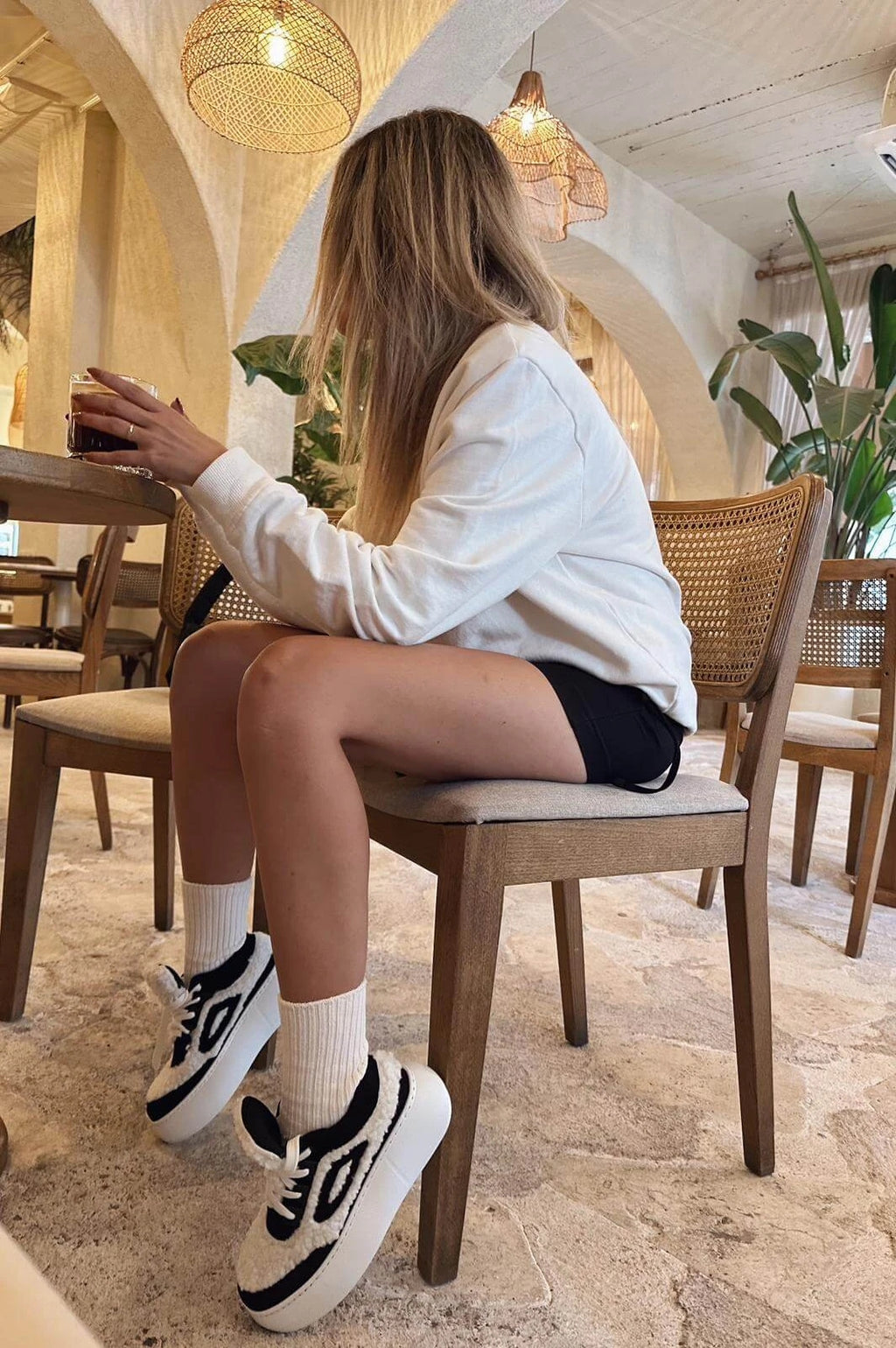 Poffy Black-White Faux Fur Chunky Sole Women's Sneakers