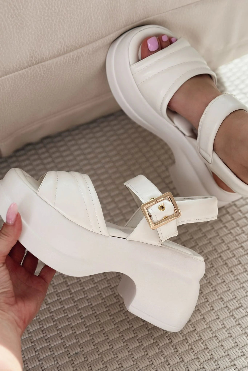 Pofins White Faux Leather Women's Sandals