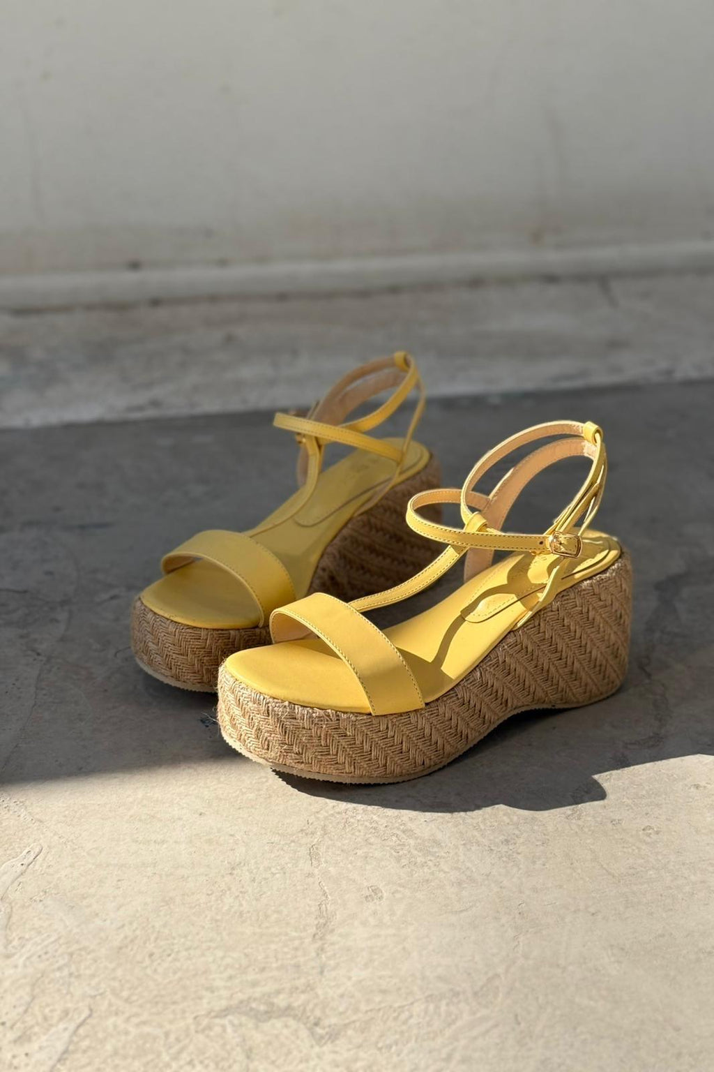 Rowsen Yellow Faux Leather Strap Detail Wedge Pumps