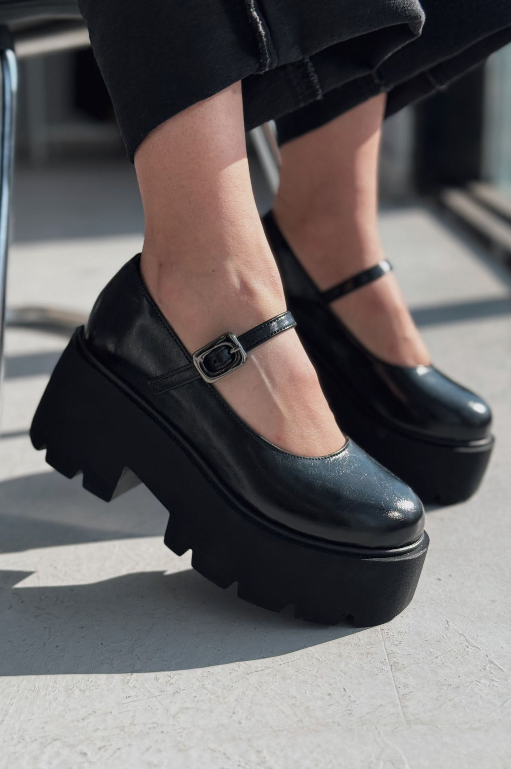 Tinos Black Faux Leather Chunky Sole Women's Mary Jane