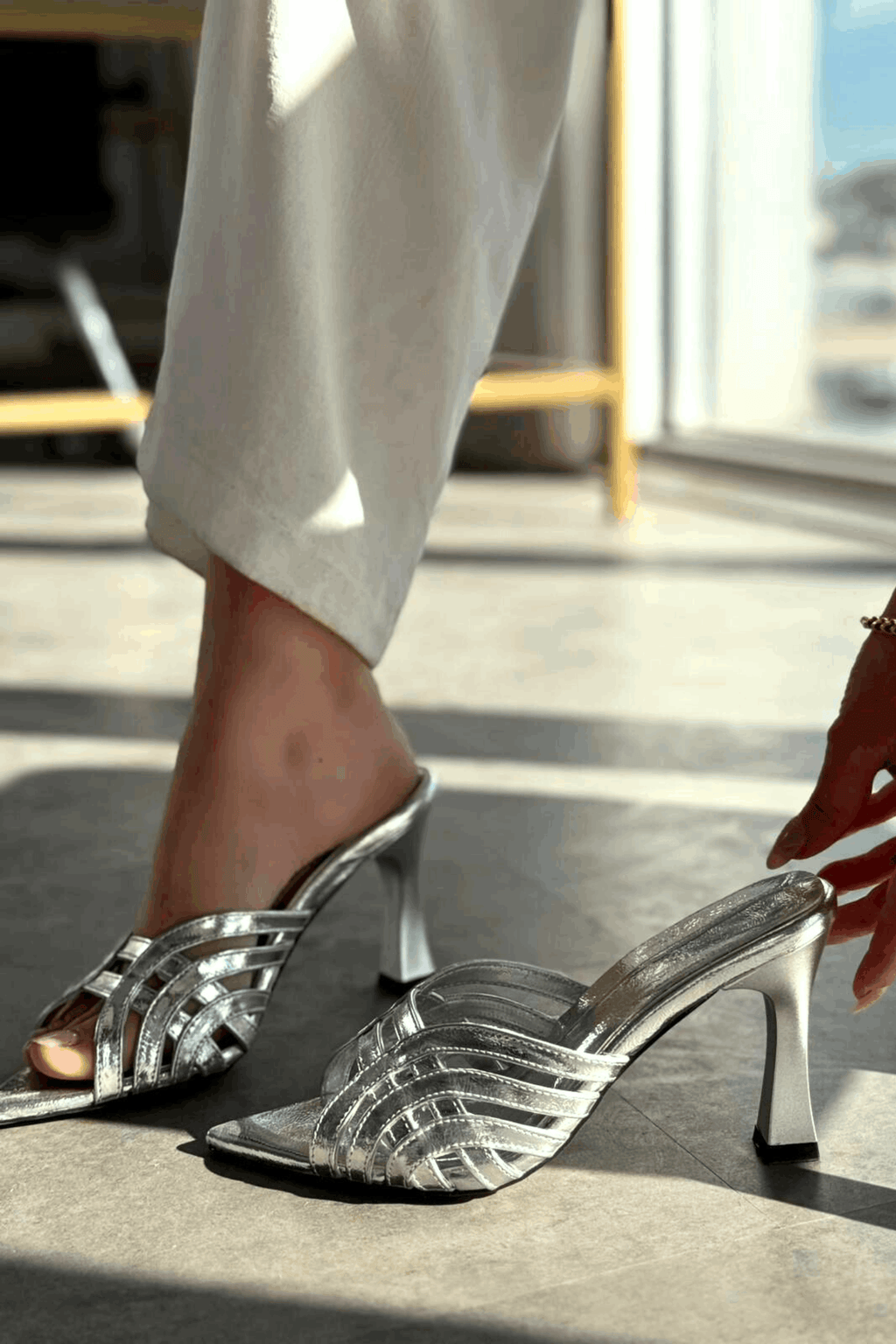 Lumon Silver Patent Faux Leather Strap Detail Pumps
