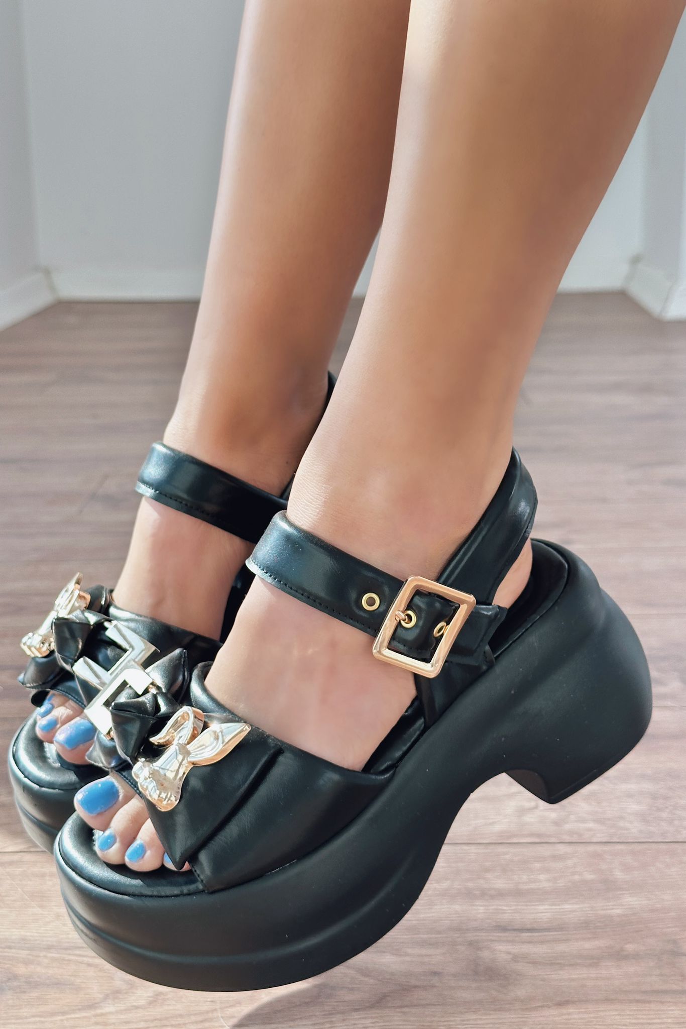 Dalend Black Faux Leather Buckle Detail Women's Sandals