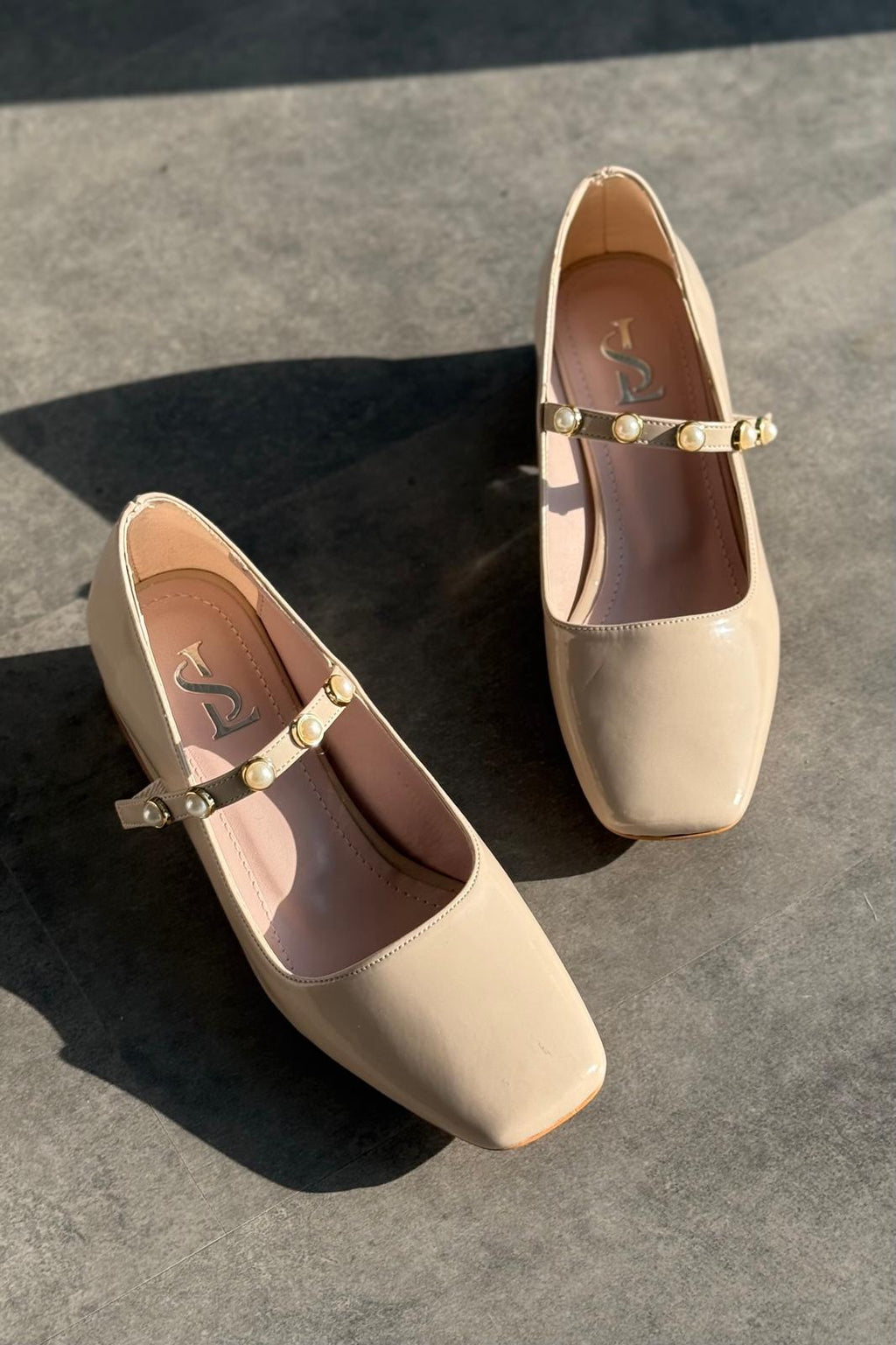 Myrel Beige Pearl Detail Patent Faux Leather Women's Mary Jane