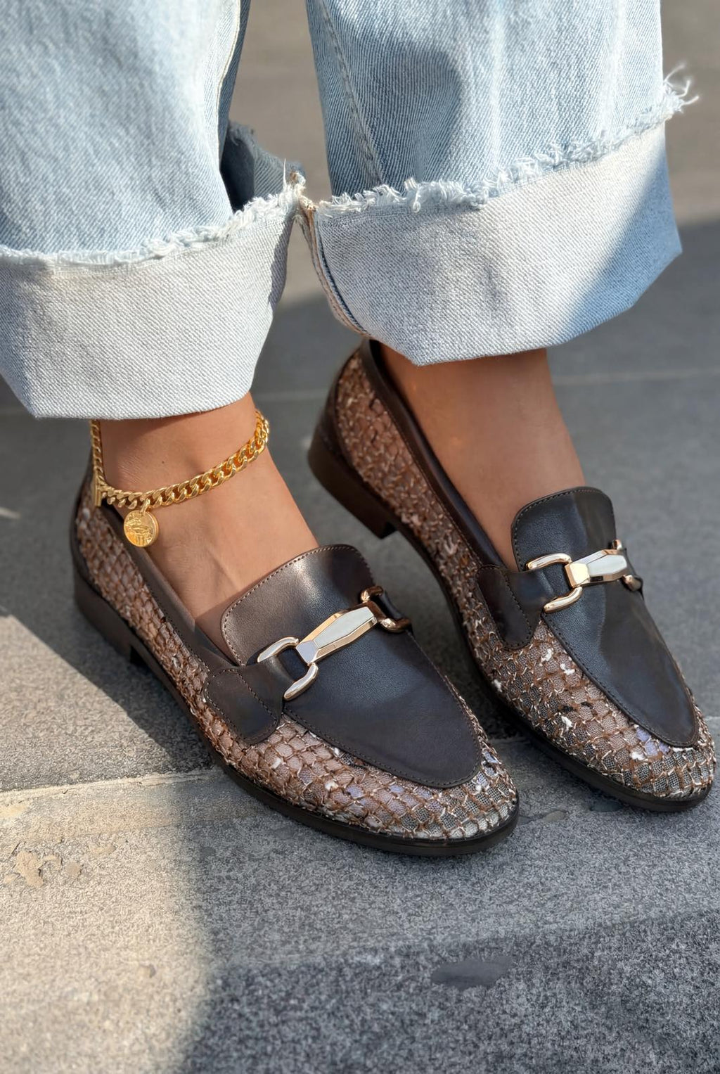 Delter Dark Brown Faux Leather Mesh Women's Loafers