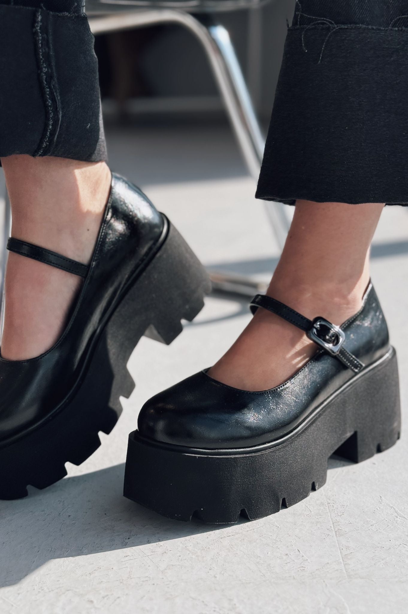 Tinos Black Faux Leather Chunky Sole Women's Mary Jane