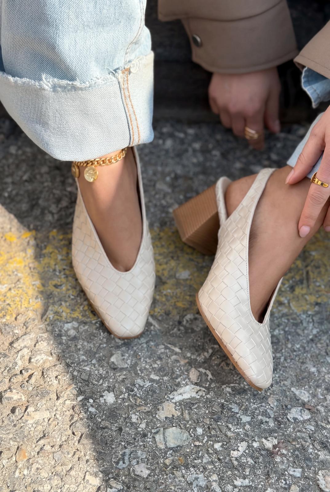 Meladina Beige Woven Pattern Faux Leather Women's Pumps