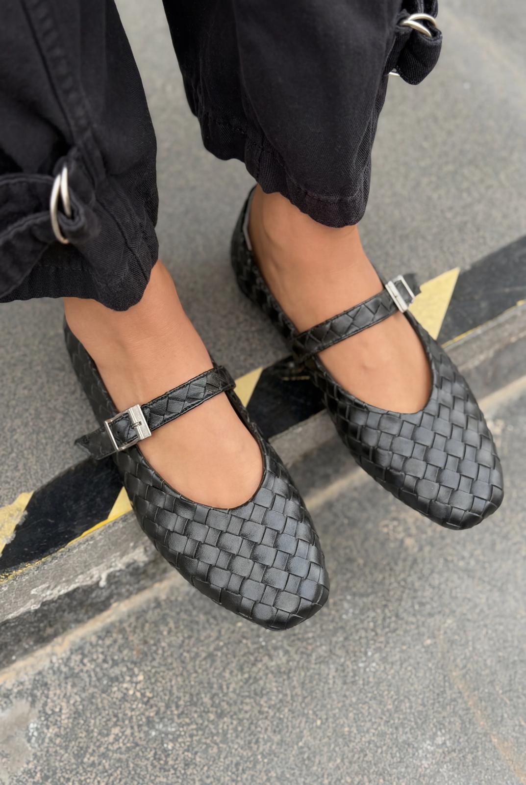 Vespera Black Faux Leather Women's Flats