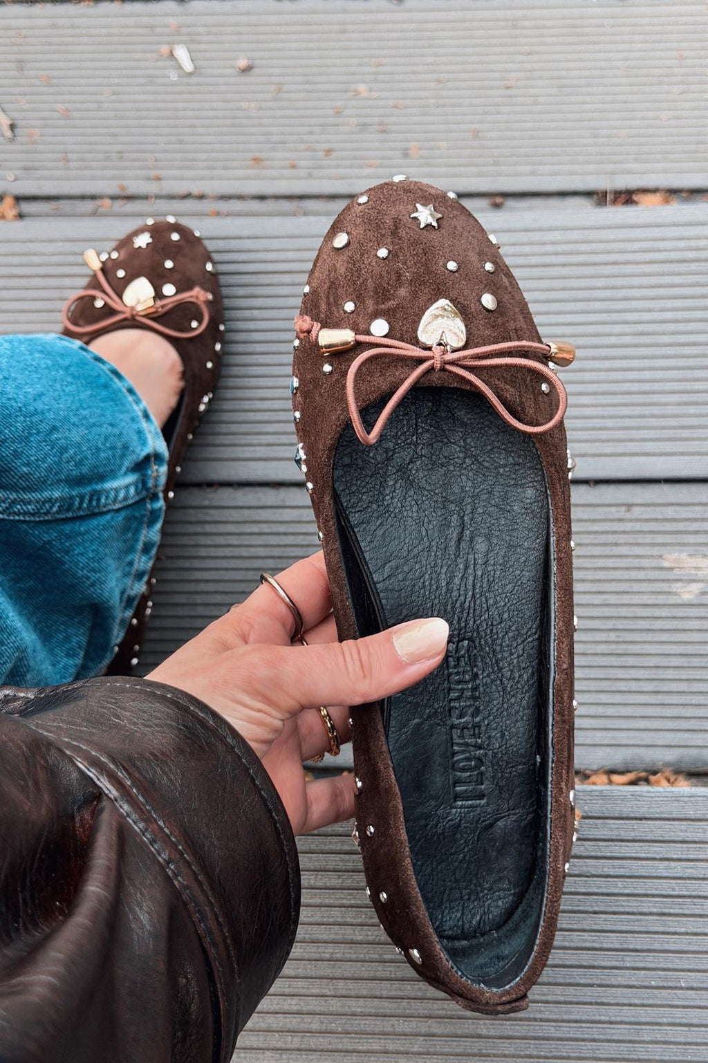 Vessa Dark Brown Genuine Suede Studded Women's Flats