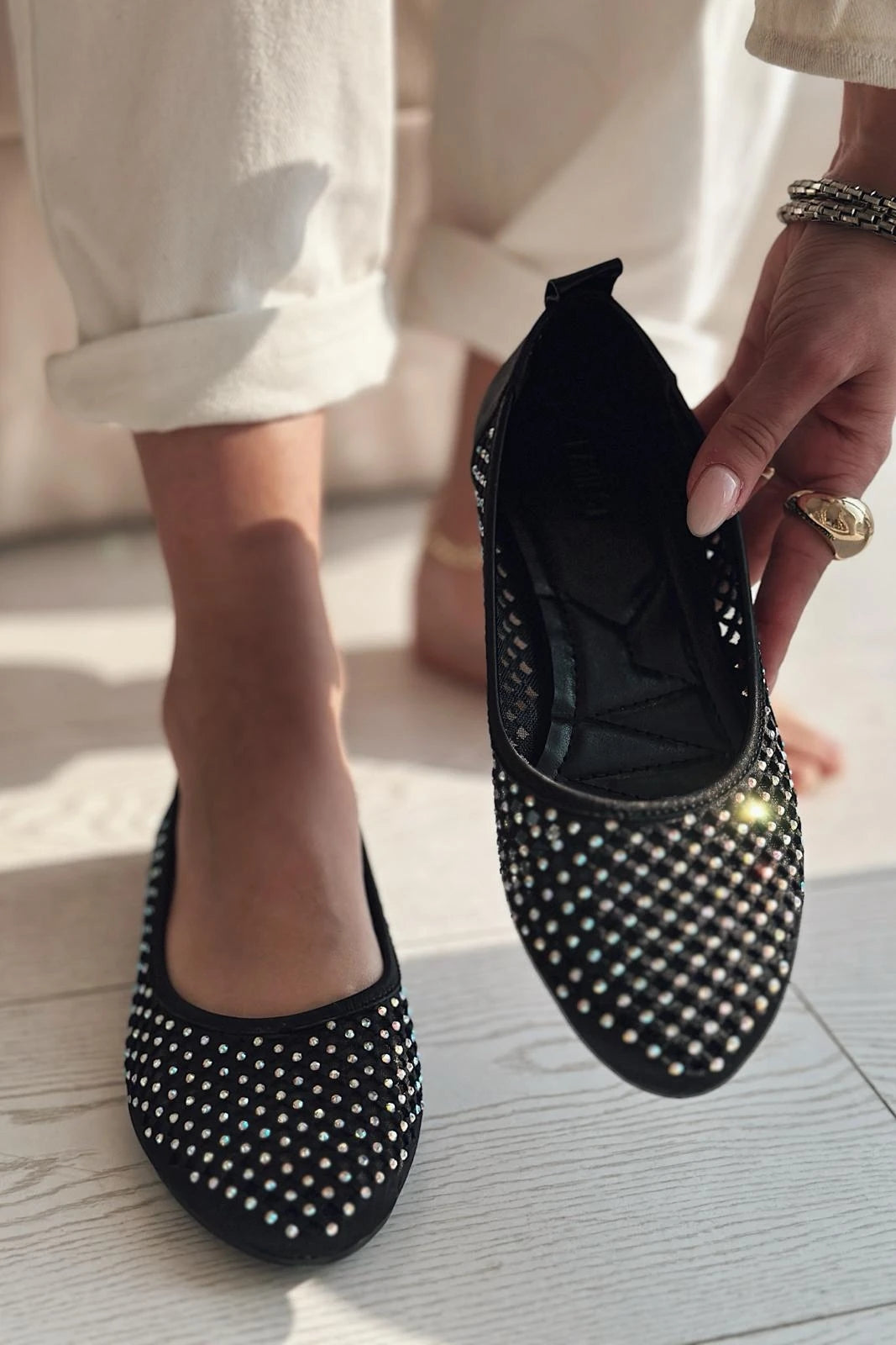 Ronetta Black Satin Crystal Embellished Women's Flats