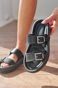Tafens Black Faux Leather Buckle Detail Women's Mules
