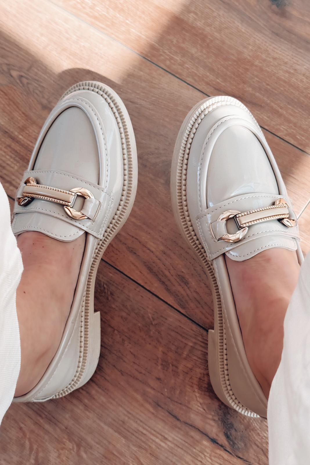 Duvra Beige Patent Faux Leather Gold Buckle Detail Women's Loafers