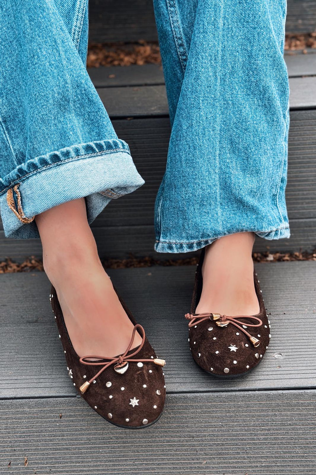 Vessa Dark Brown Genuine Suede Studded Women's Flats