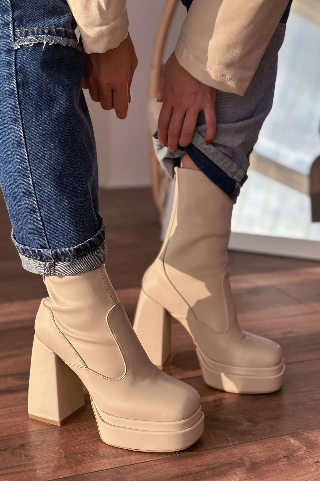 Lestina Beige Stretch Faux Leather Women's Boots