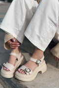 Voket Beige Faux Leather Thick Sole Women's Sandals