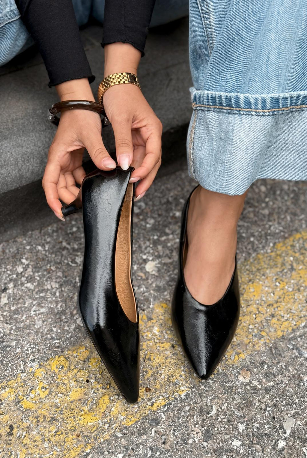Seranis Black Crinkled Patent Leather Stilettos