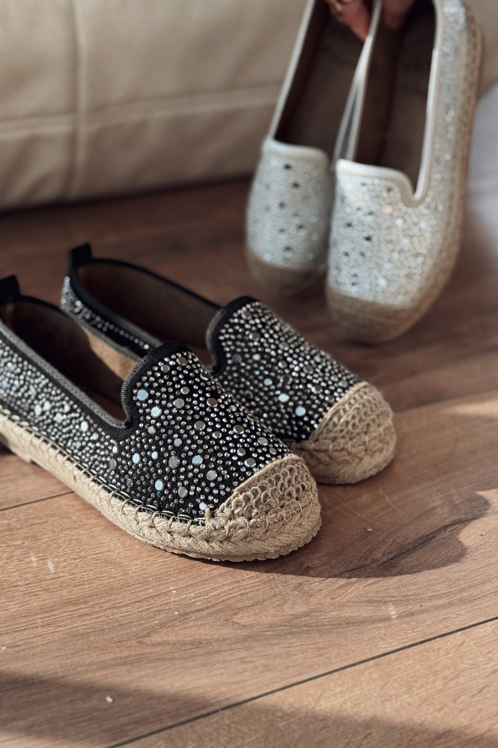 Jorelis Black Suede Stone Embellished Women's Espadrille Loafers
