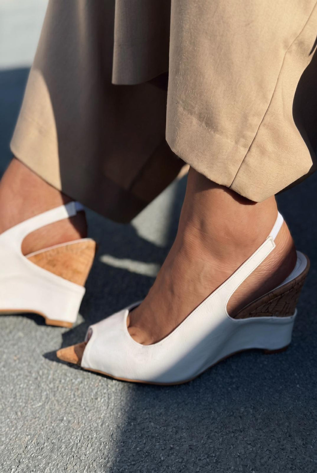 Nerov White crinkled faux leather women's wedge heel sandals