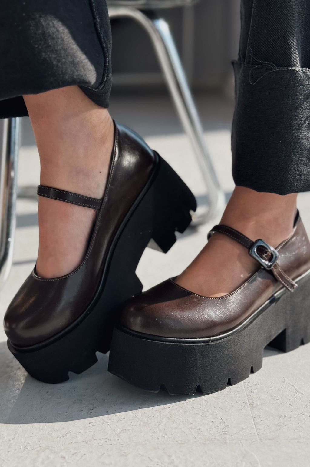 Tinos Dark Brown Faux Leather Platform Women's Mary Jane