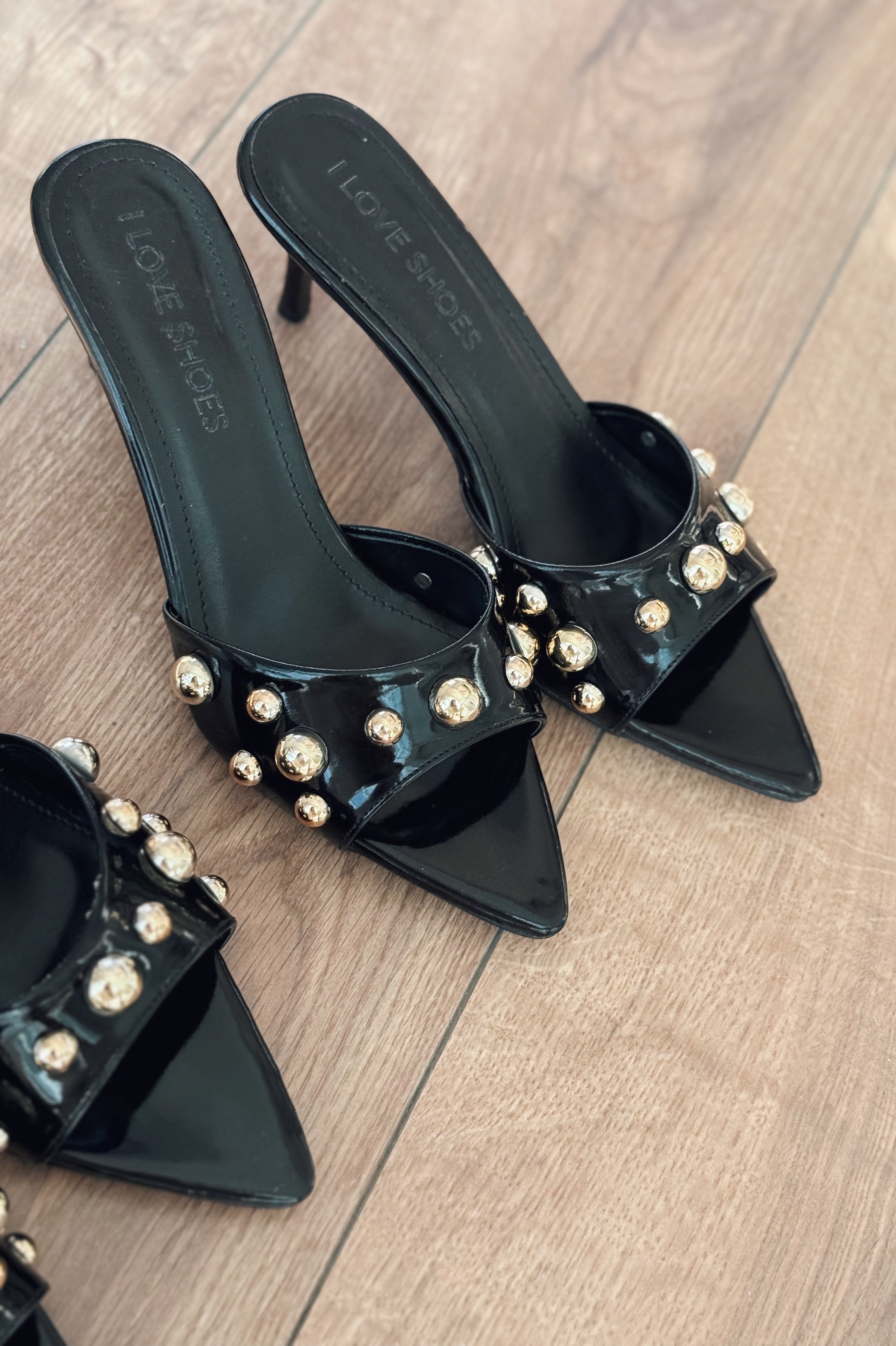 Yonspe Black Patent Faux Leather Stiletto Heel Mules