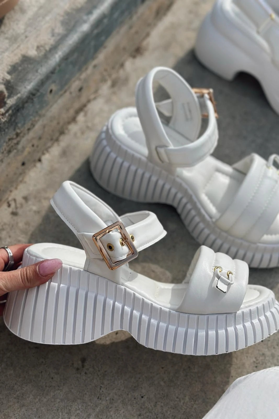 Jonix White Faux Leather Platform Women's Sandals