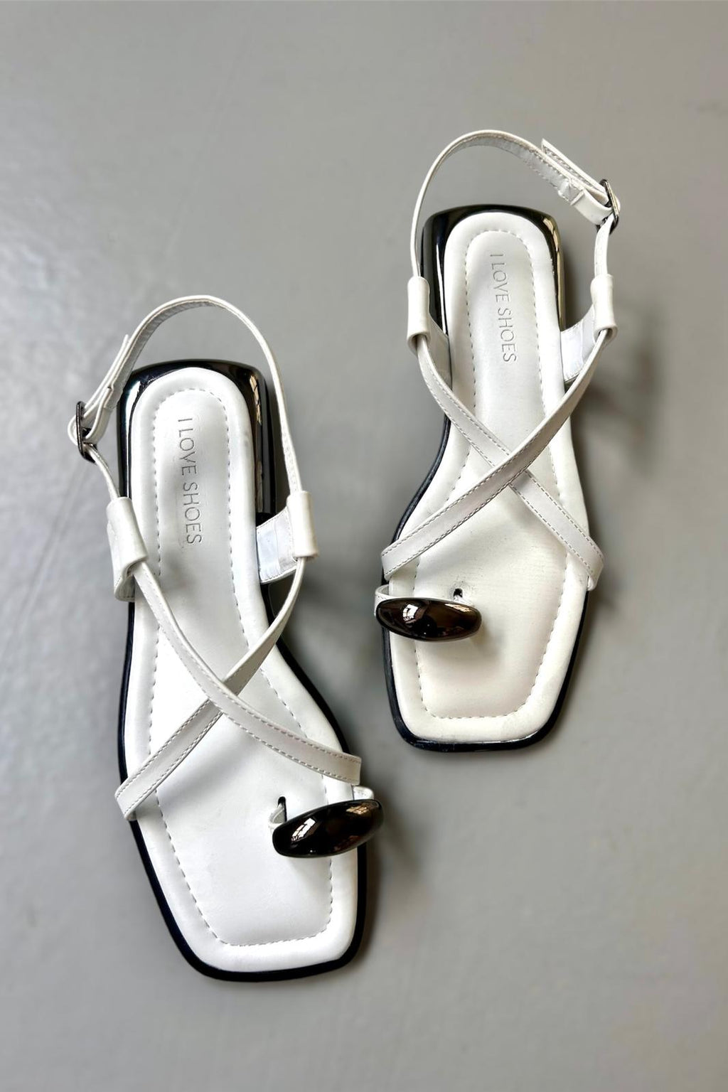 Sewons White Faux Leather Buckle Detail Women's Sandals