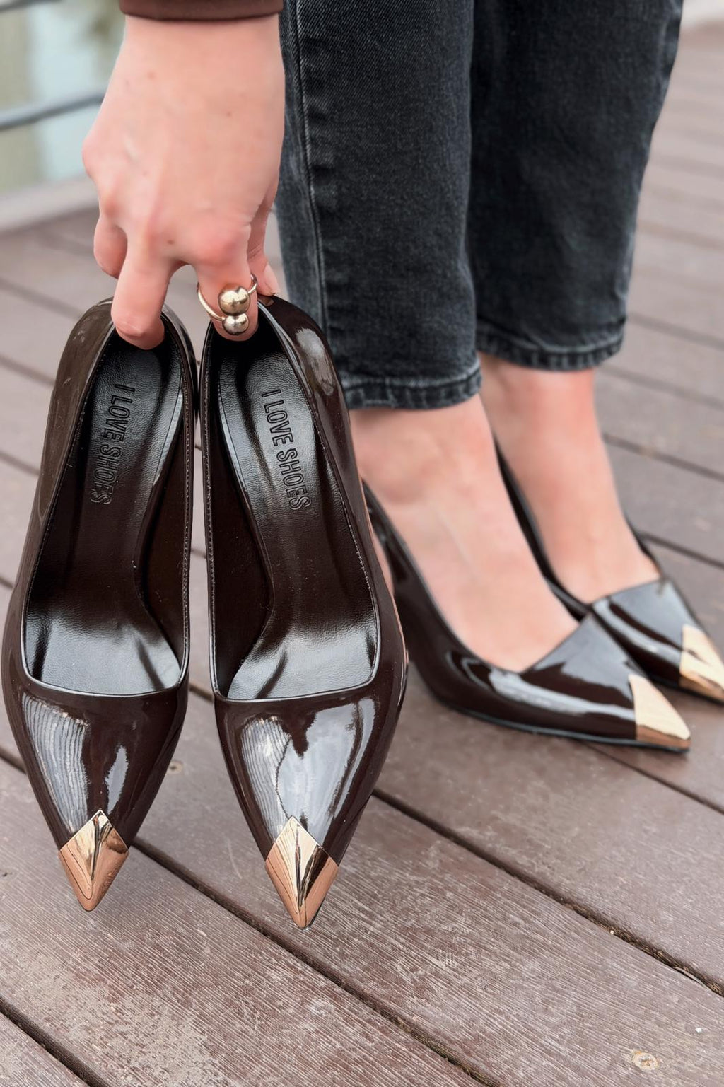 Noctra Light Brown Patent Faux Leather Women's Stilettos