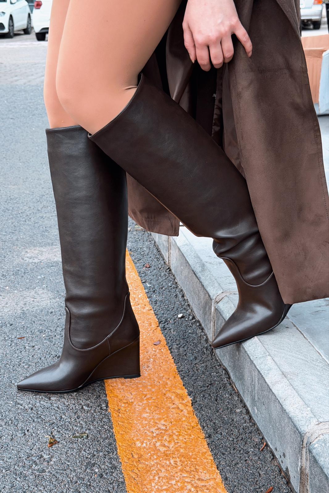 Ravita Light Brown Faux Leather Wedge Heel Women's Boots