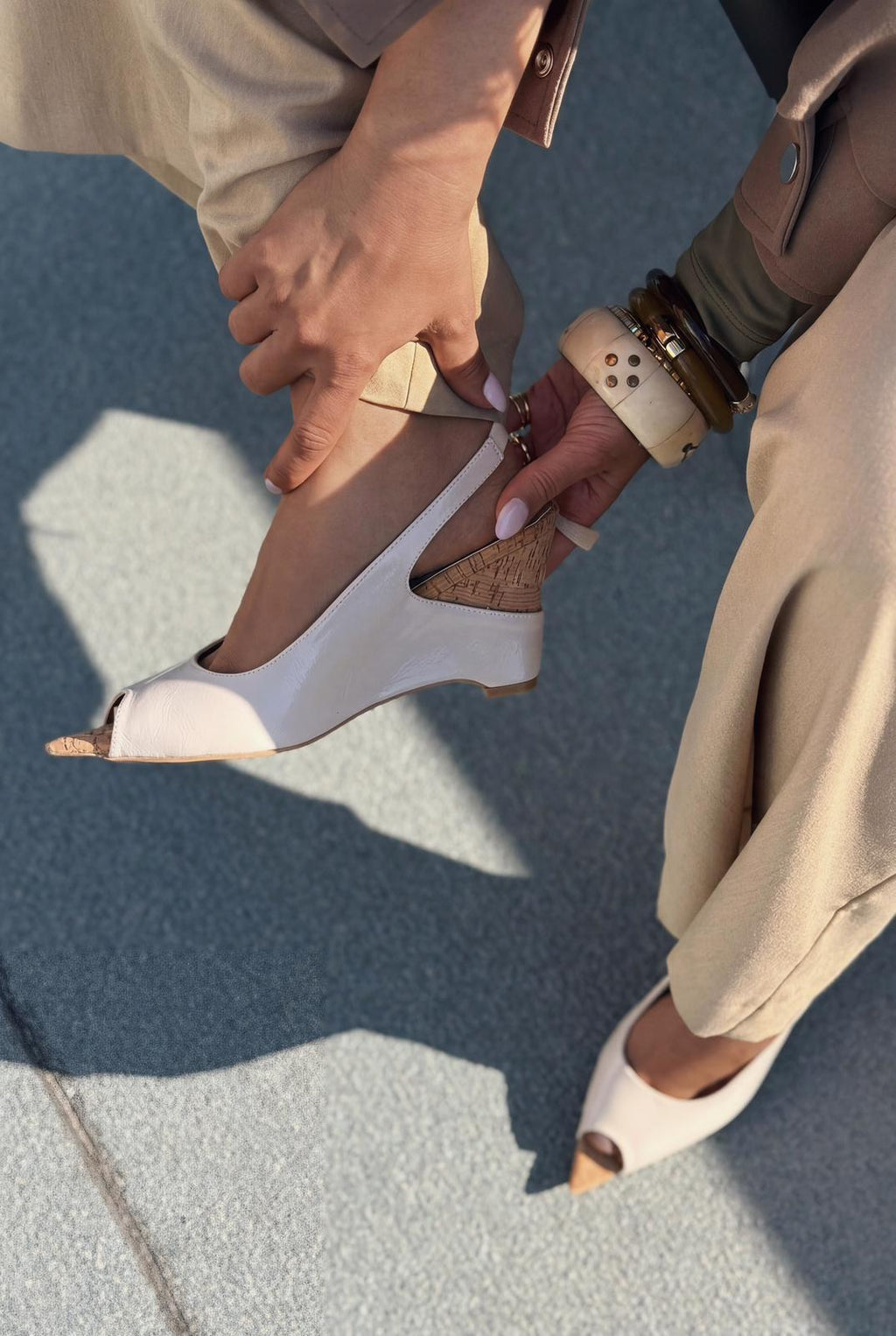 Nerov Beige Crinkled Faux Leather Women's Wedge Heel Sandals