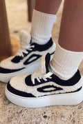Poffy Black-White Faux Fur Chunky Sole Women's Sneakers