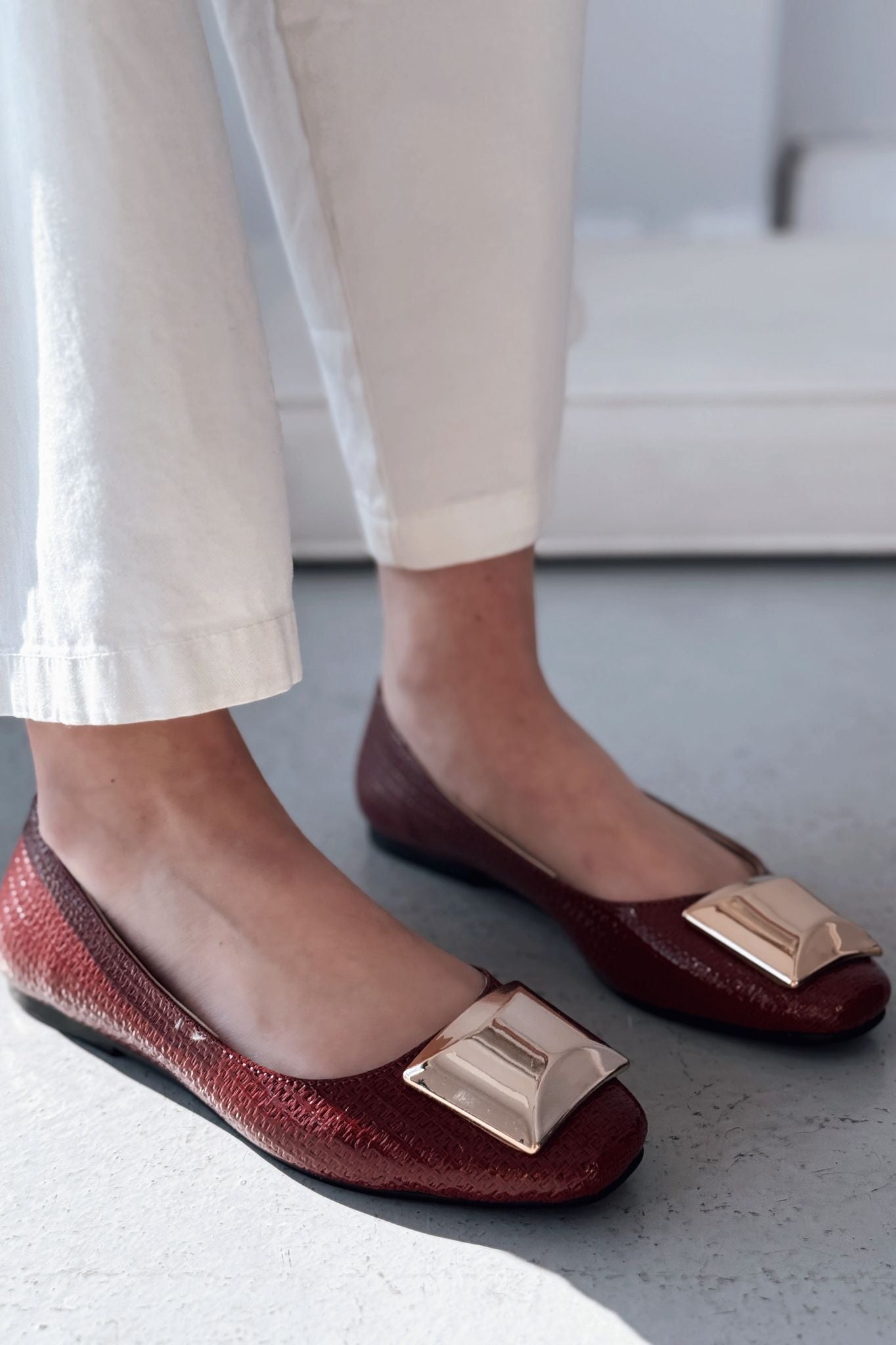 Axorend Bordeaux Patent Faux Leather Women's Flats