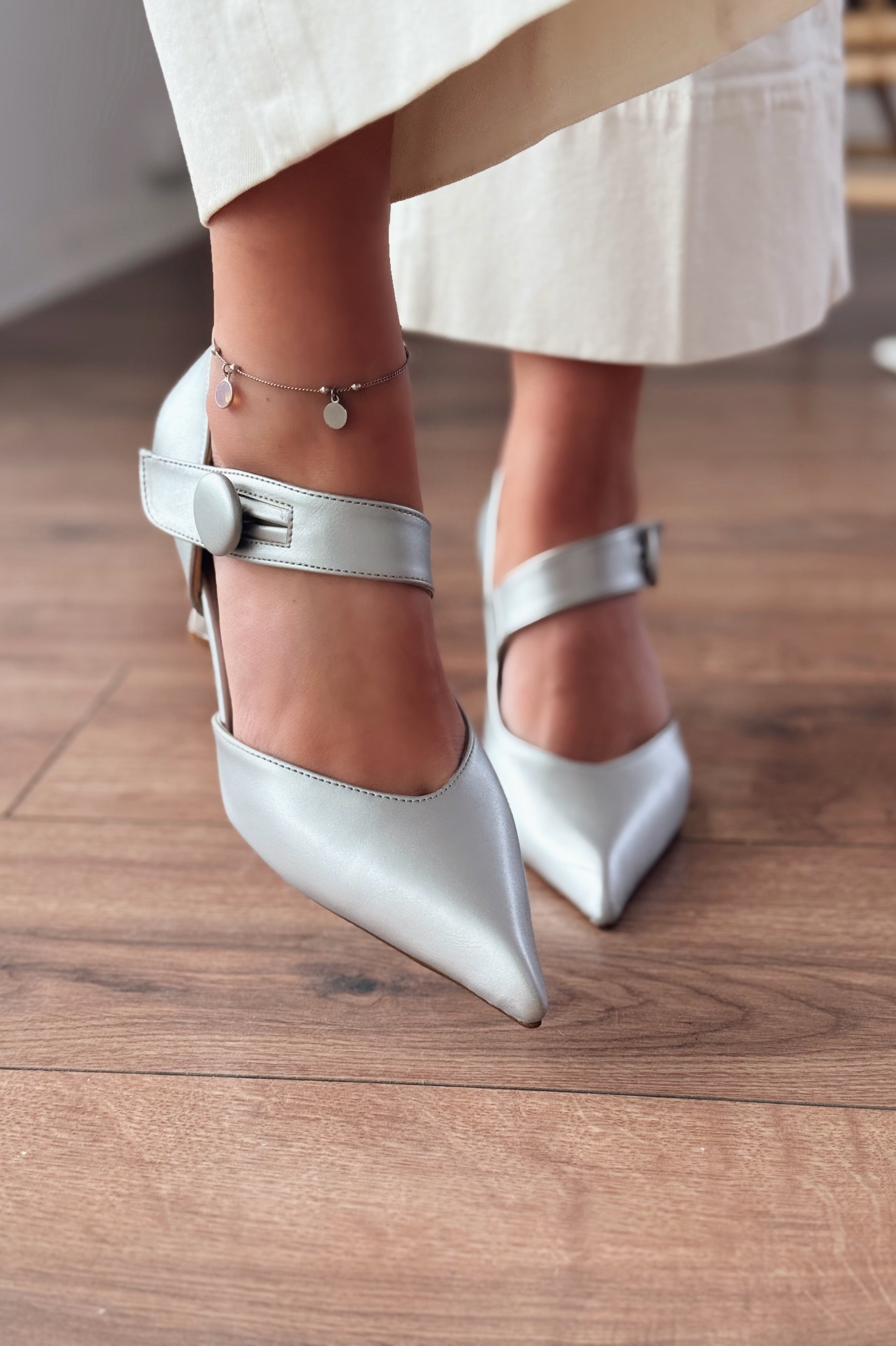 Wasord Silver Button Detail Faux Leather Women's Stilettos