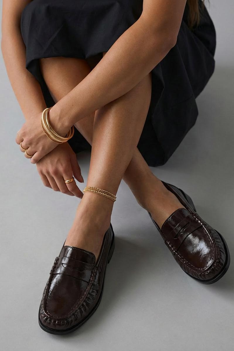 Marcel Dark Brown Crinkled Patent Faux Leather Women's Loafers