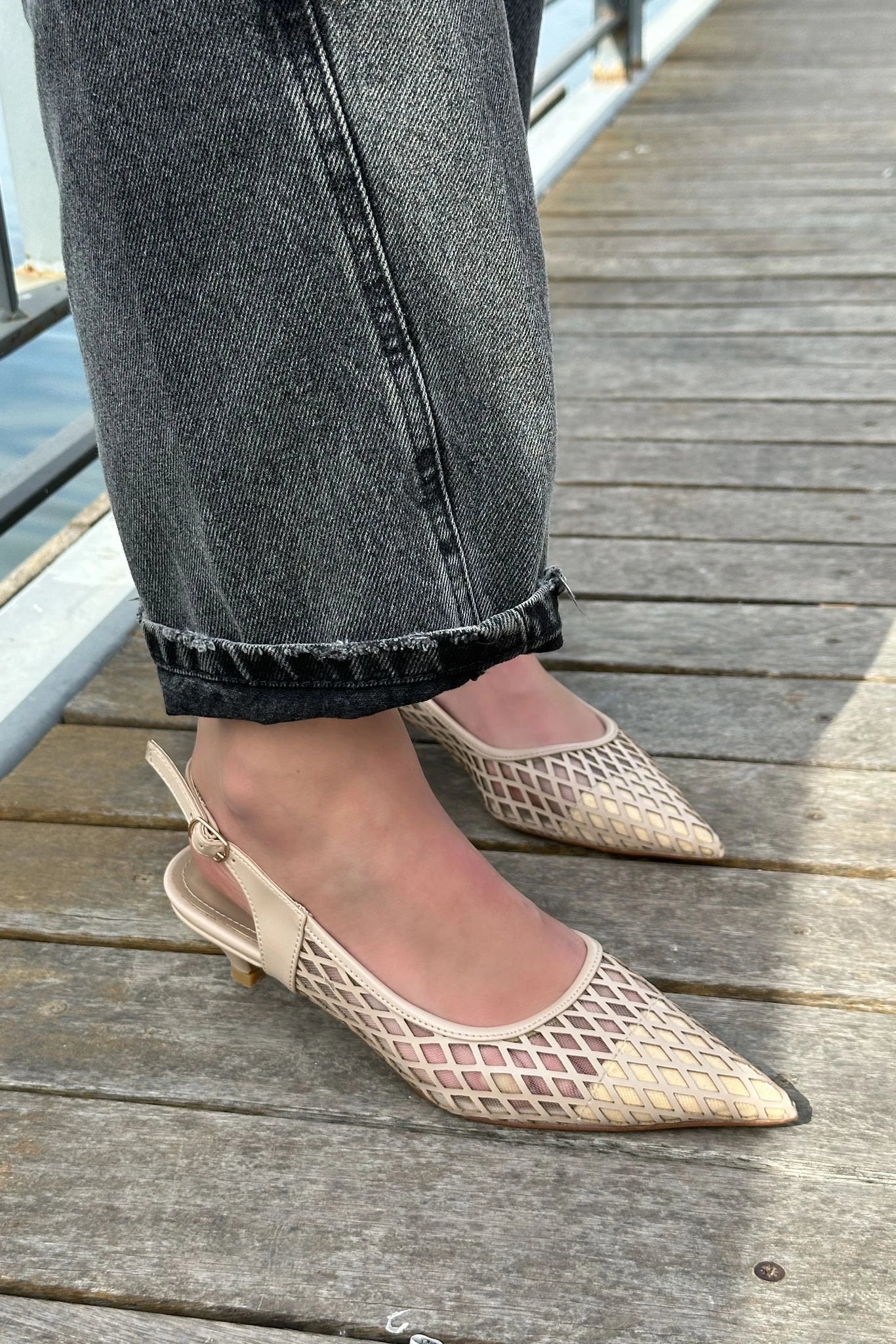 Talin Nude Faux Leather Mesh Detail Women's Low Heel Stilettos