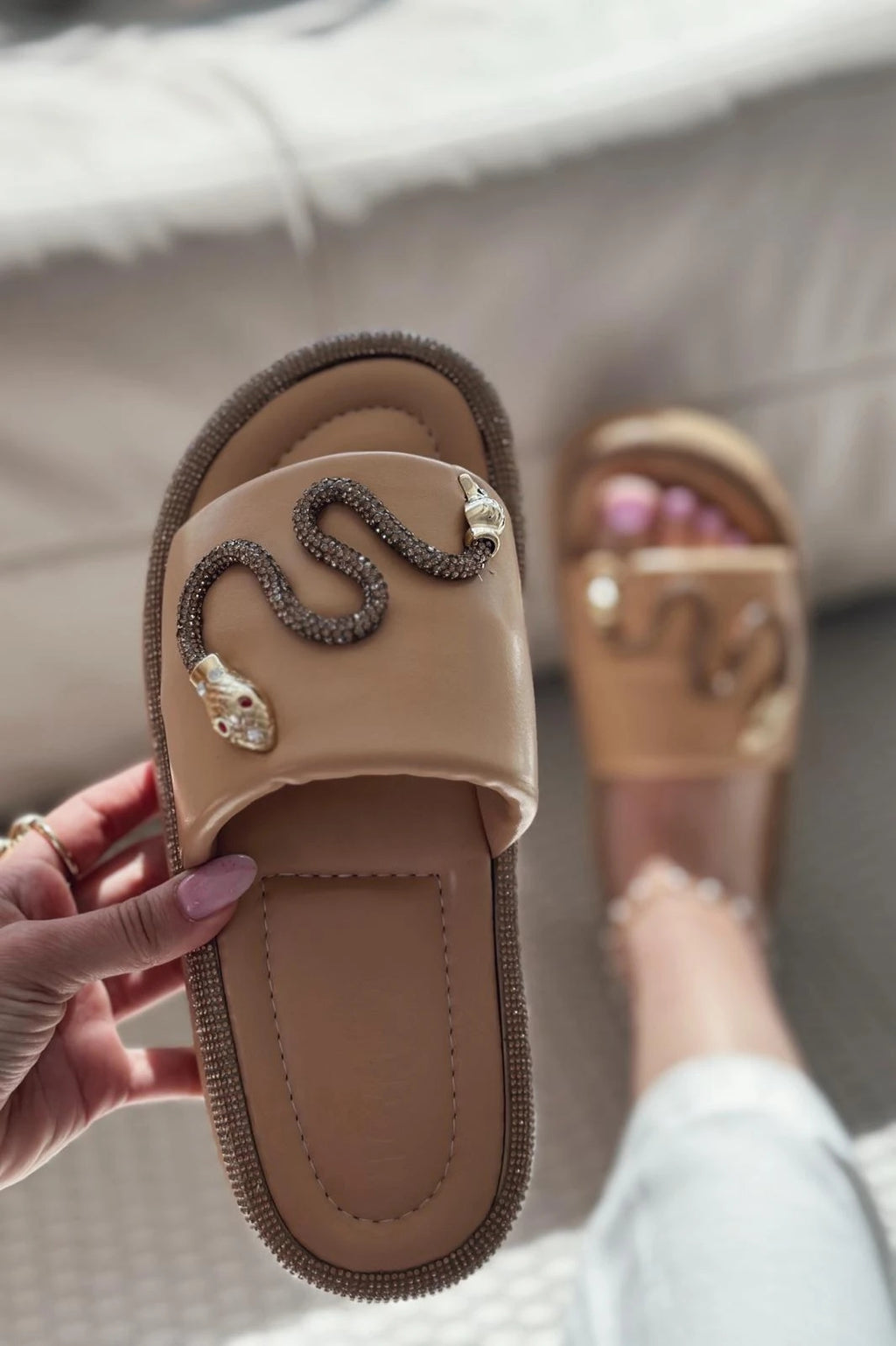 Nokest Nude Faux Leather Crystal Women's Slides