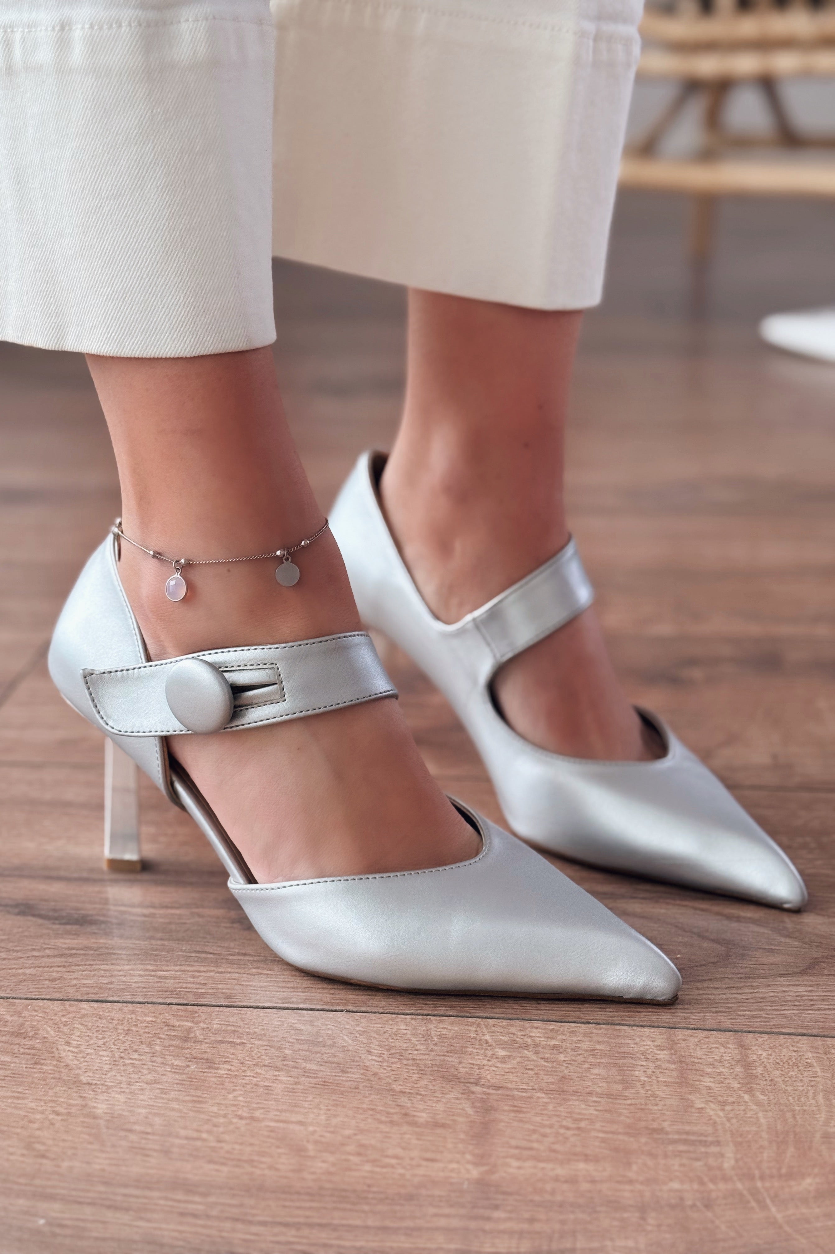 Wasord Silver Button Detail Faux Leather Women's Stilettos