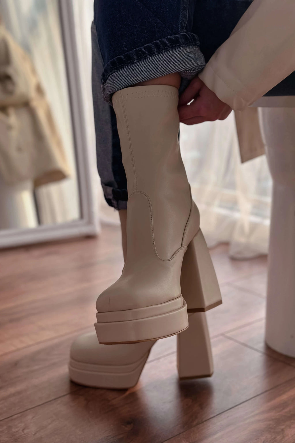 Lestina Beige Stretch Faux Leather Women's Boots