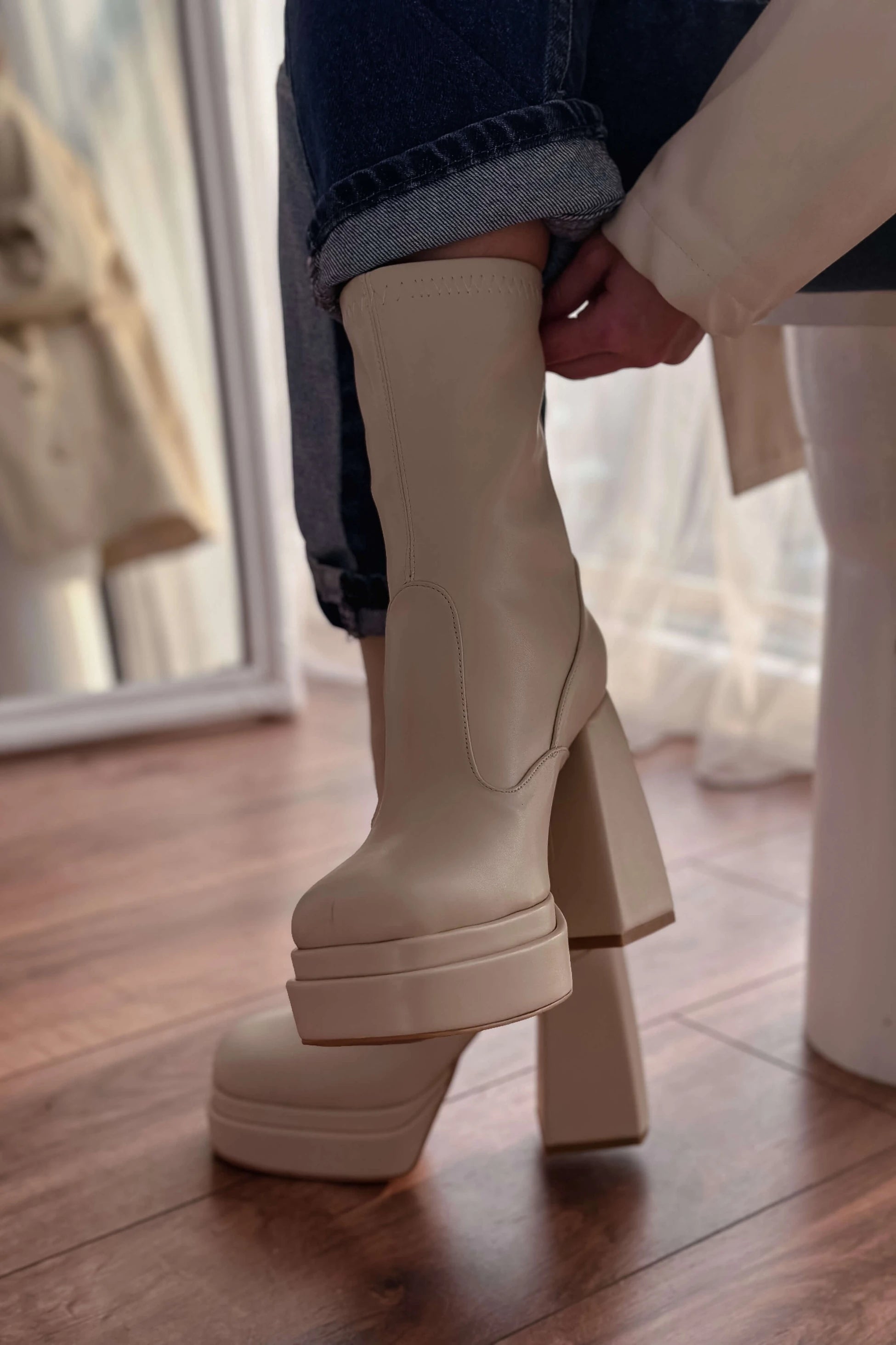 Lestina Beige Stretch Faux Leather Women's Boots