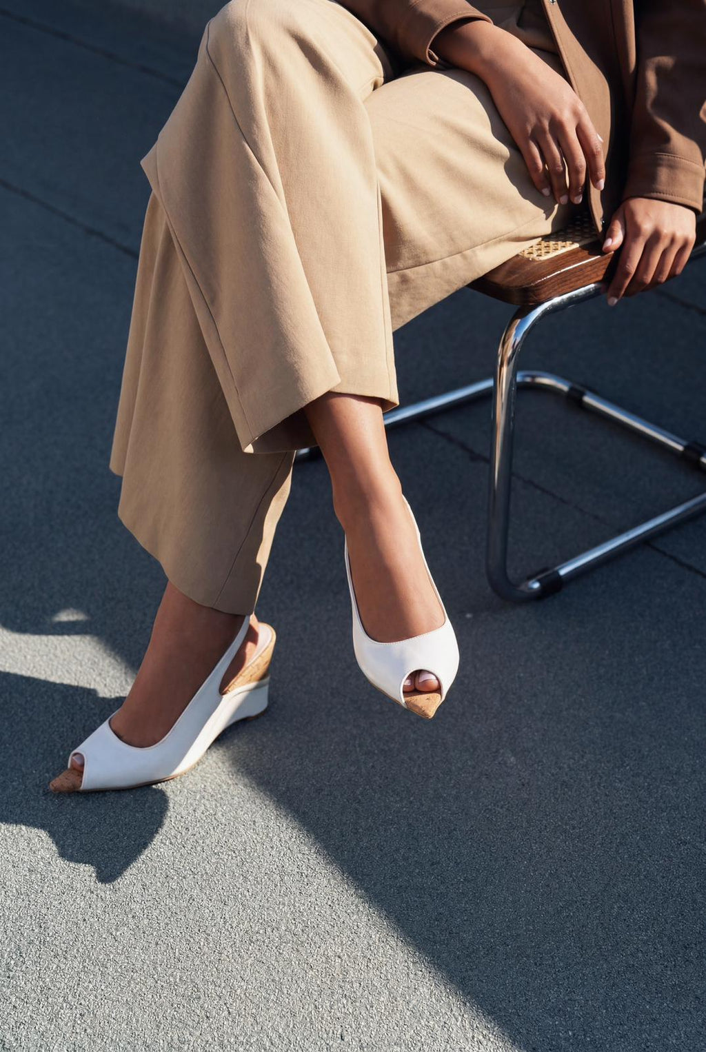 Nerov White crinkled faux leather women's wedge heel sandals