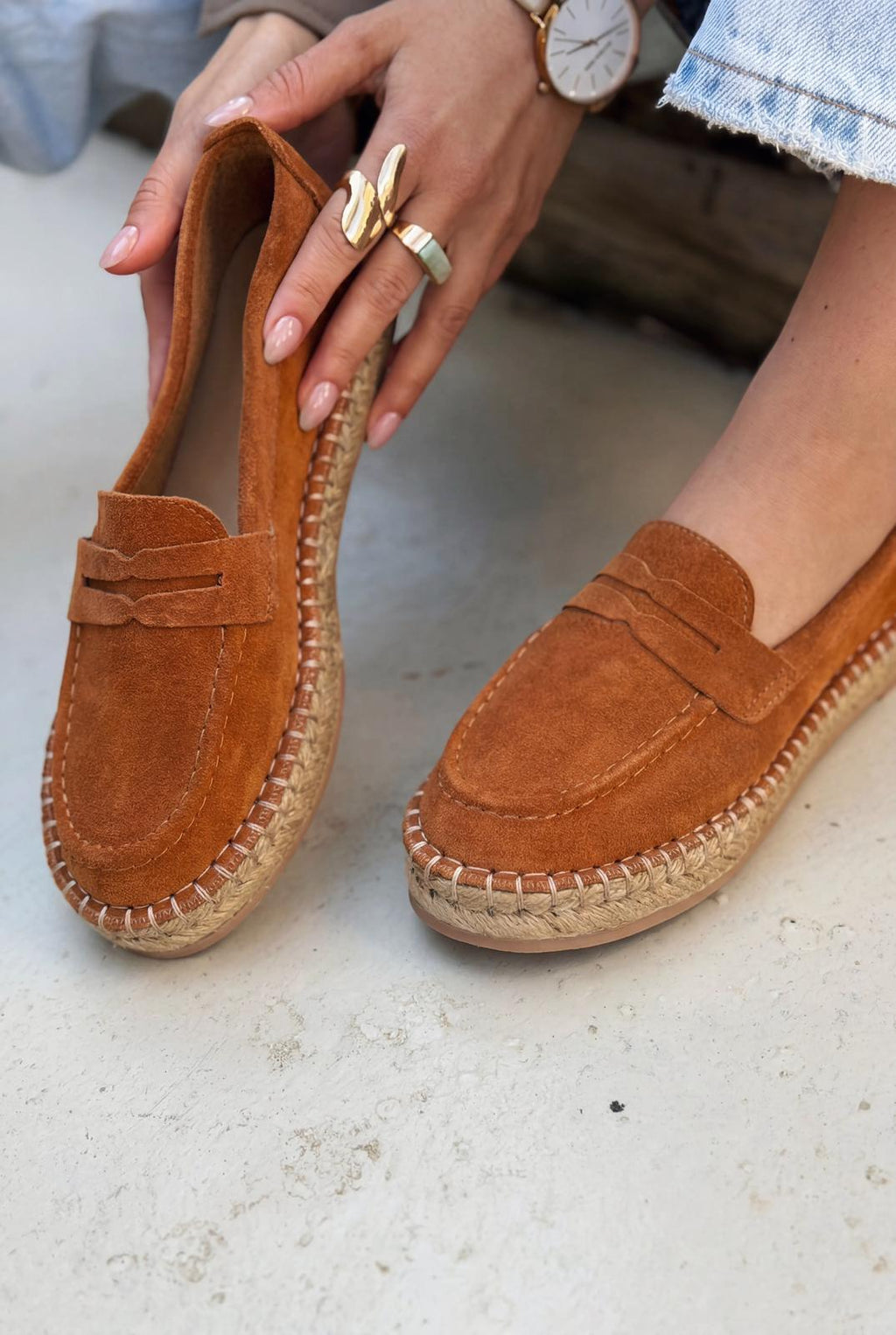 Celure Tan Genuine Suede Women's Espadrille Loafers