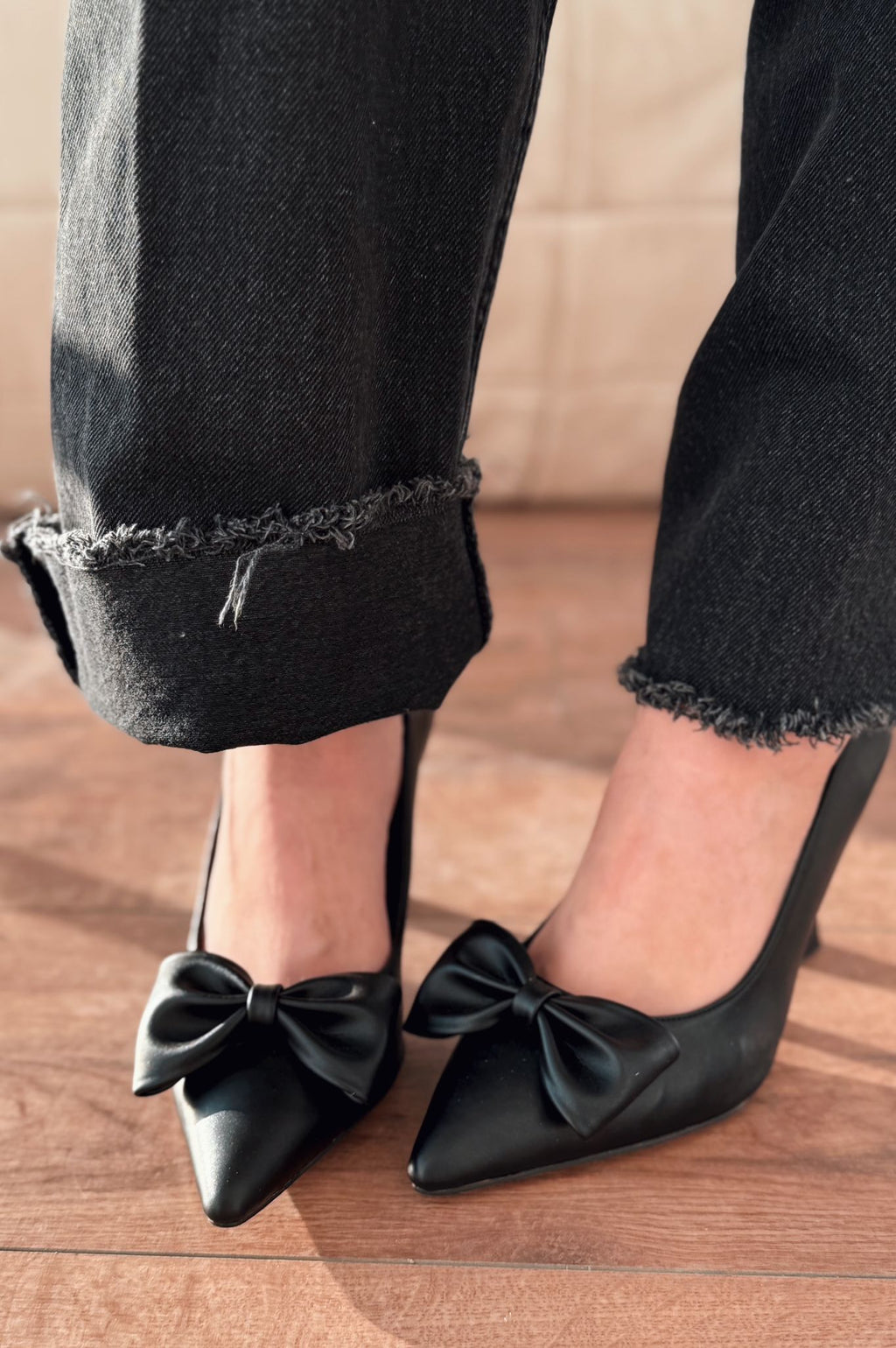 Odrin Black Bow Detail Faux Leather Women's Stilettos