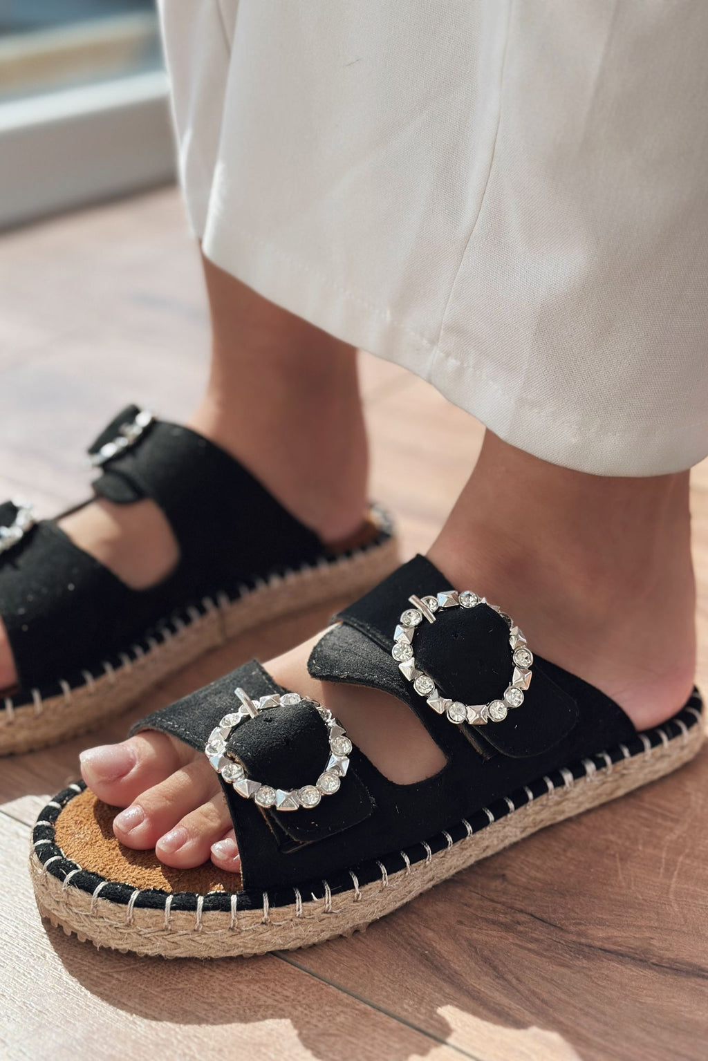 Cosin Black Suede Embellished Women's Slides