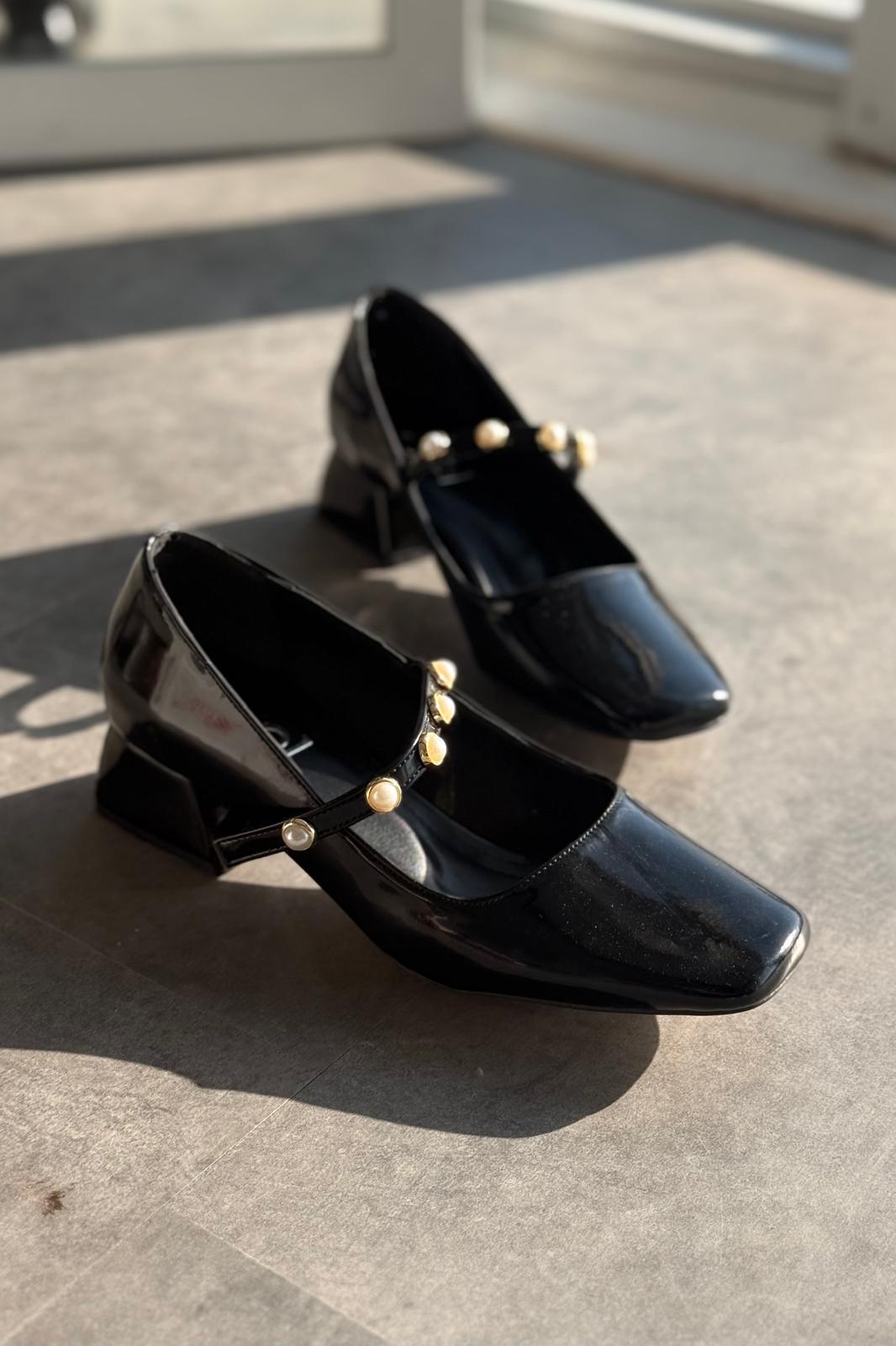 Myrel Black Pearl Detail Patent Faux Leather Women's Mary Jane