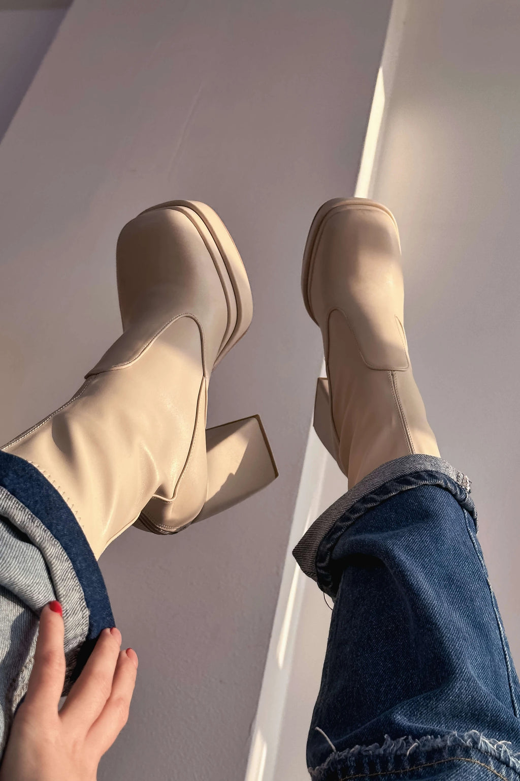 Lestina Beige Stretch Faux Leather Women's Boots